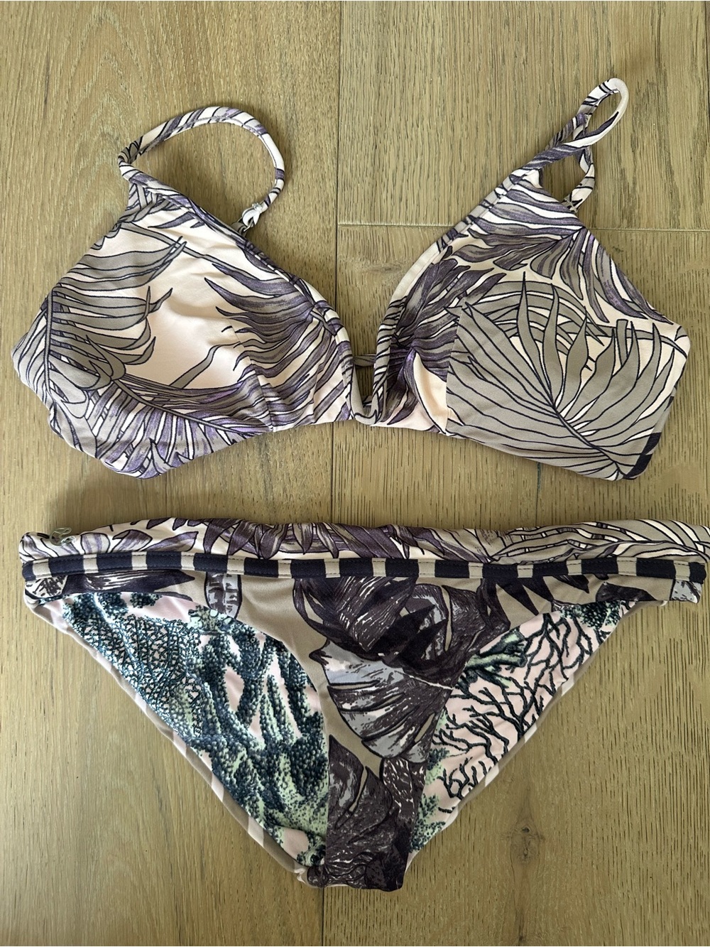Maaji Reversible Bikini Palm Leaf Print Nude, Purple and Green M